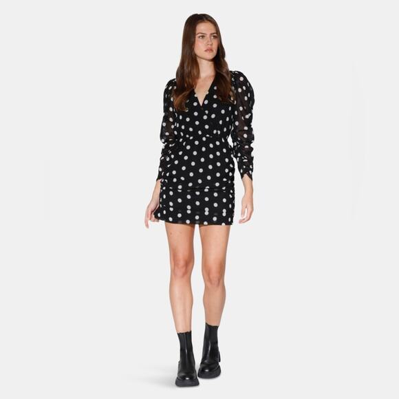 NEW Walter Baker Wrap Effect Polka Dot Crepe Mini Dress in Black Size XS - Picture 1 of 13